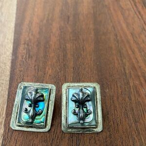 Vintage Alpaca Silver Abalone Shell Rectangular Clip on Earrings